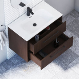 Royal Bathrooms Livora 800mm Walnut Woodgrain Wall Hung Bathroom Vanity Unit 2 Drawer With Ceramic Basin & Matt Black Handle - thumbnail 4