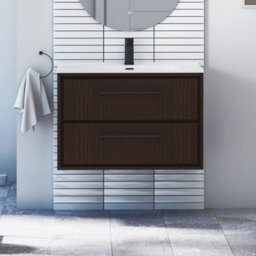 Royal Bathrooms Livora 800mm Walnut Woodgrain Wall Hung Bathroom Vanity Unit 2 Drawer With Ceramic Basin & Matt Black Handle - thumbnail 1
