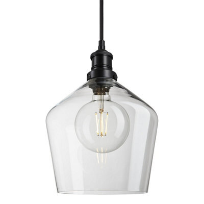 Industville Brooklyn Glass Schoolhouse Pendant Light - 10 Inch, Clear Glass, Black Pendant Holder