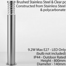 Outdoor Garden Bollard Light 80Cm Brushed Steel 9W Outside Path Lamp Post Ip44 - thumbnail 2