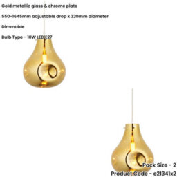 Loops 2 Pack Hanging Ceiling Pendant Light - Large Gold Metallic Glass & Chrome Plate - 10W Led E27 - thumbnail 2