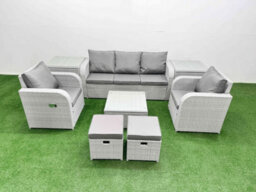 Fimous Pe Rattan Garden Furniture Set Reclining Chair Lounge Sofa Set Square Coffee Table 2 Side Table 2 Small Stools Light Grey - thumbnail 2