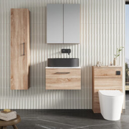 Nuie Arno Wall Hung 1-Drawer Vanity & Carrera Marble Laminate Worktop, Stylish Counter Top Vanity Unit In Bleached Oak, 600mm - thumbnail 3