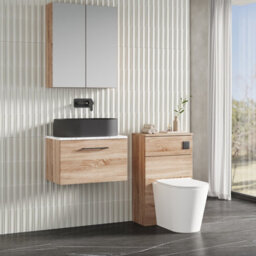 Nuie Arno Wall Hung 1-Drawer Vanity & Carrera Marble Laminate Worktop, Stylish Counter Top Vanity Unit In Bleached Oak, 600mm - thumbnail 2
