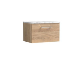Nuie Arno Wall Hung 1-Drawer Vanity & Carrera Marble Laminate Worktop, Stylish Counter Top Vanity Unit In Bleached Oak, 600mm