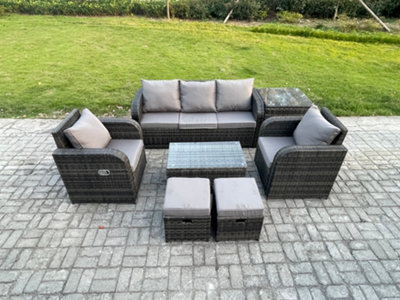 Fimous Outdoor Rattan Garden Furniture Set Patio Lounge Sofa Set With Reclining Chair Side Table 2 Small Footstools - image 1