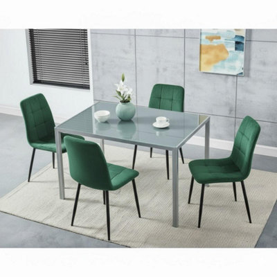 Kosy Koala Modern Grey Glass Dining Table Set With 4 Green Velvet Chairs Dining Room Furniture - image 1