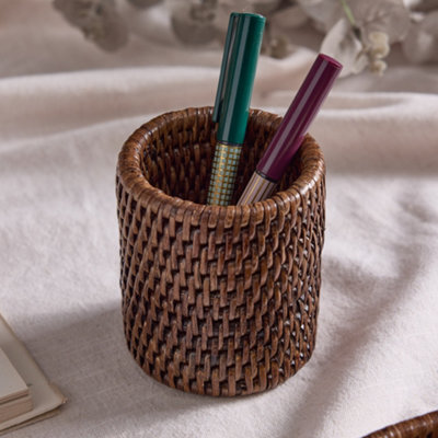 Dibor Premium Brown Rattan Home Office Desk Organiser Pen Pot - image 1