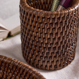 Dibor Premium Brown Rattan Home Office Desk Organiser Pen Pot - thumbnail 3