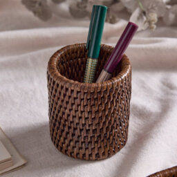 Dibor Premium Brown Rattan Home Office Desk Organiser Pen Pot - thumbnail 1