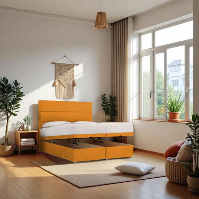"Knight Sleep York Ottoman Bed Mustard Plush 5Ft  With Mattress & 24""headboard - King" - image 1