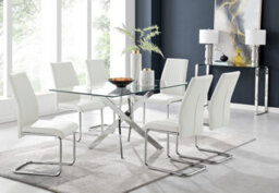 Furniturebox Uk Leonardo Glass And Chrome Metal Dining Table And 6 White Lorenzo Leather Chairs - thumbnail 1