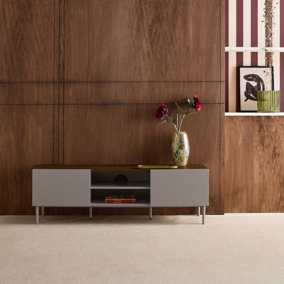 Sweeek - Tv Stand Metal With Wood Decor 2 Doors 140 Cm Grey And Walnut - Ashton - image 1