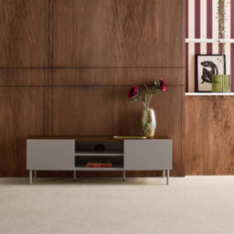 Sweeek - Tv Stand Metal With Wood Decor 2 Doors 140 Cm Grey And Walnut - Ashton - thumbnail 3