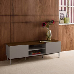 Sweeek - Tv Stand Metal With Wood Decor 2 Doors 140 Cm Grey And Walnut - Ashton - thumbnail 4