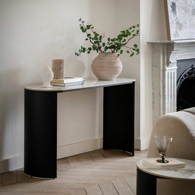Xample Gallery Marzio Console Table, White Carrara Marble-Style Stone Top, Black Metal Legs, Curved Edges, Modern Hallway & Living Room - image 1
