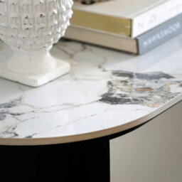 Xample Gallery Marzio Console Table, White Carrara Marble-Style Stone Top, Black Metal Legs, Curved Edges, Modern Hallway & Living Room - thumbnail 3