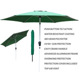 Glamhaus Tilting Garden Parasol Table Umbrella 2.7M With Crank Handle, Uv40 Protection, Includes Protection Cover - Green - thumbnail 2