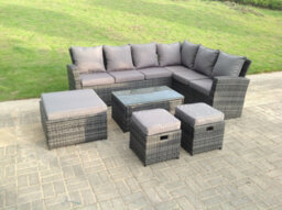 Fimous 9 Seater High Back Rattan Garden Furniture Set Corner Sofa With Oblong Coffee Table And 3 Footstool - thumbnail 1