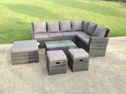 Fimous 9 Seater High Back Rattan Garden Furniture Set Corner Sofa With Oblong Coffee Table And 3 Footstool - thumbnail 2