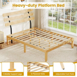 Gainoom King Size Natural Bed Frame Solid Wood Platform Bed With Retro Headboard - thumbnail 5