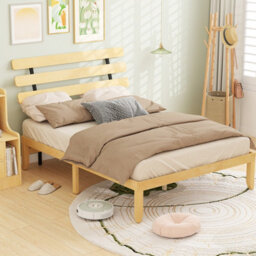 Gainoom King Size Natural Bed Frame Solid Wood Platform Bed With Retro Headboard - thumbnail 4
