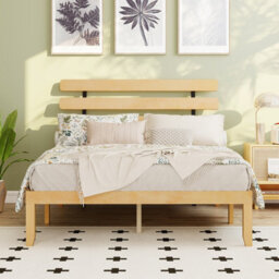Gainoom King Size Natural Bed Frame Solid Wood Platform Bed With Retro Headboard - thumbnail 3