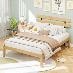 Gainoom King Size Natural Bed Frame Solid Wood Platform Bed With Retro Headboard