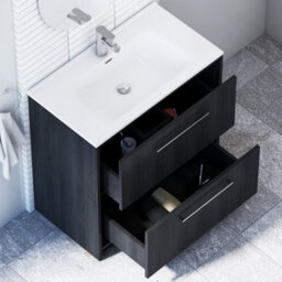 Royal Bathrooms Livora 800mm Black Woodgrain Floor Standing Bathroom Vanity Unit 2 Drawer Storage Cabinet With Ceramic Basin - thumbnail 4
