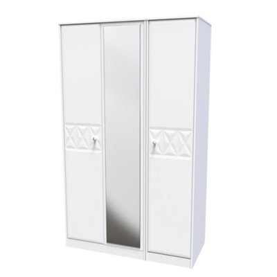 Genoa Ready Assembled Contemporary Matt White Tall Triple Wardrobe With 1 Mirror Door (H)1970mm (W)1110mm (D)530mm - image 1
