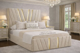 "Stratus Interiors Victor Gold Accent Upholstered Velvet Bed Frame - Single 3Ft (78"") With Slatted Base - Cream" - thumbnail 1