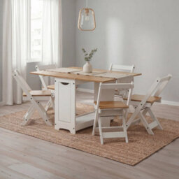 White Washed Foldable Leaf Dining Set 4 Seater Rustic Pine Furniture - thumbnail 1