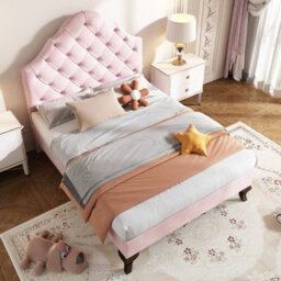 Btm Upholstered Bed 90X190 Slatted Frame Headboard Height-Adjustable Youth Bed Velvet Pink - thumbnail 2