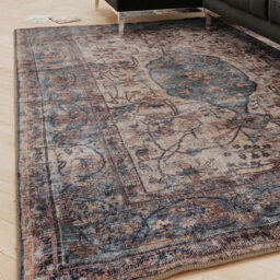 Loomed Traditional Design Cotton Chenille Rug Beige Blue Machine Washable 240Cm X 330Cm - thumbnail 1