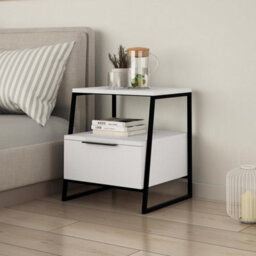 Fwstyle Matt White 1 Drawer Modern Bedside Table Nightstand Black Metal Frame