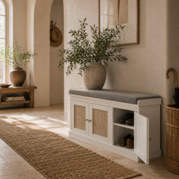 Wyld Haus White Wooden Shoe Bench With 3 Woven Rattan Doors And Grey Padded Seat - L105 X D35 X H47Cm - thumbnail 1