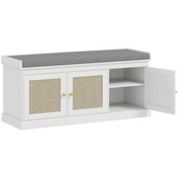 Wyld Haus White Wooden Shoe Bench With 3 Woven Rattan Doors And Grey Padded Seat - L105 X D35 X H47Cm - thumbnail 2