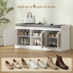 Wyld Haus White Wooden Shoe Bench With 3 Woven Rattan Doors And Grey Padded Seat - L105 X D35 X H47Cm - thumbnail 6