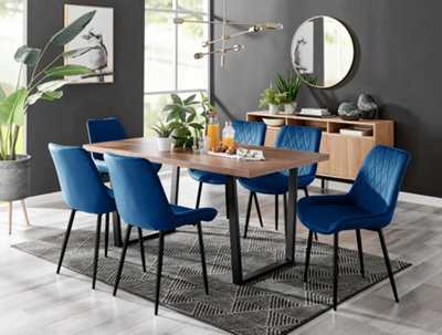Furniturebox Kylo Brown Rectangular Wood Effect Dining Table & 6 Navy Velvet Pesaro Black Leg Chairs - image 1