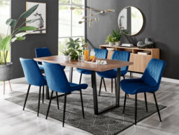 Furniturebox Kylo Brown Rectangular Wood Effect Dining Table & 6 Navy Velvet Pesaro Black Leg Chairs