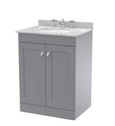 Balterley Swynnerton Traditional 2 Door Floor Standing Vanity Unit With Marble Basin, Satin Grey, 600mm - thumbnail 1