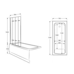 Homestylestore White Bathroom Single Ended Bath With Folding Black Screen, Side Panel, Waste And Trap 1500 X 700mm - thumbnail 6