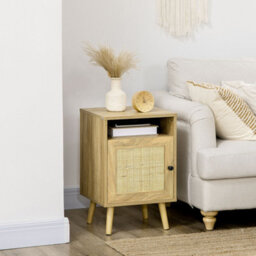 Homcom Nightstand, Rattan Bedside Table W/ Cabinet, Shelf, Natural - thumbnail 1