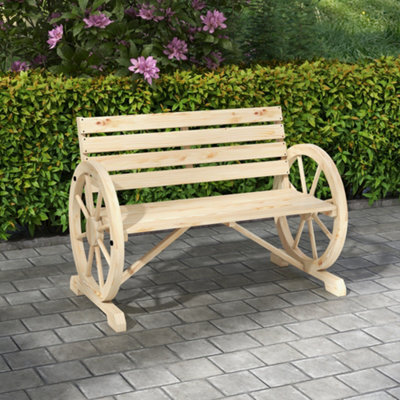 Outsunny 2 Seater Garden Bench W/ Wooden Cart Wagon Wheel Natural - image 1