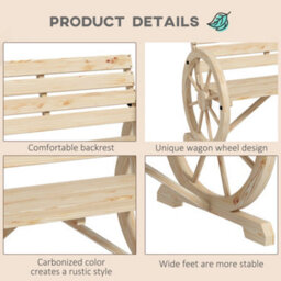 Outsunny 2 Seater Garden Bench W/ Wooden Cart Wagon Wheel Natural - thumbnail 5
