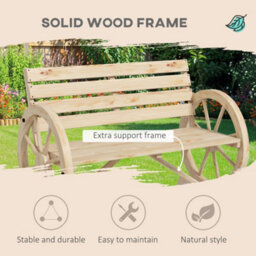 Outsunny 2 Seater Garden Bench W/ Wooden Cart Wagon Wheel Natural - thumbnail 4