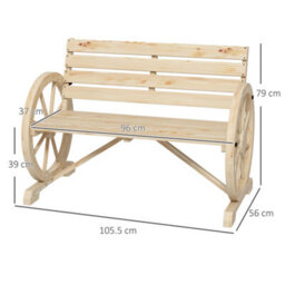 Outsunny 2 Seater Garden Bench W/ Wooden Cart Wagon Wheel Natural - thumbnail 3