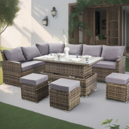 Nustone L-Shaped Corner Rattan Garden Furniture Lounge Dining Set For Seating 8 People - In Grey - thumbnail 2