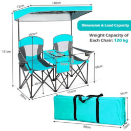 Costway Double Sunshade Folding Chairs 2-Person Camping Fishing Chairs-Turquoise - thumbnail 2
