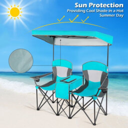 Costway Double Sunshade Folding Chairs 2-Person Camping Fishing Chairs-Turquoise - thumbnail 3